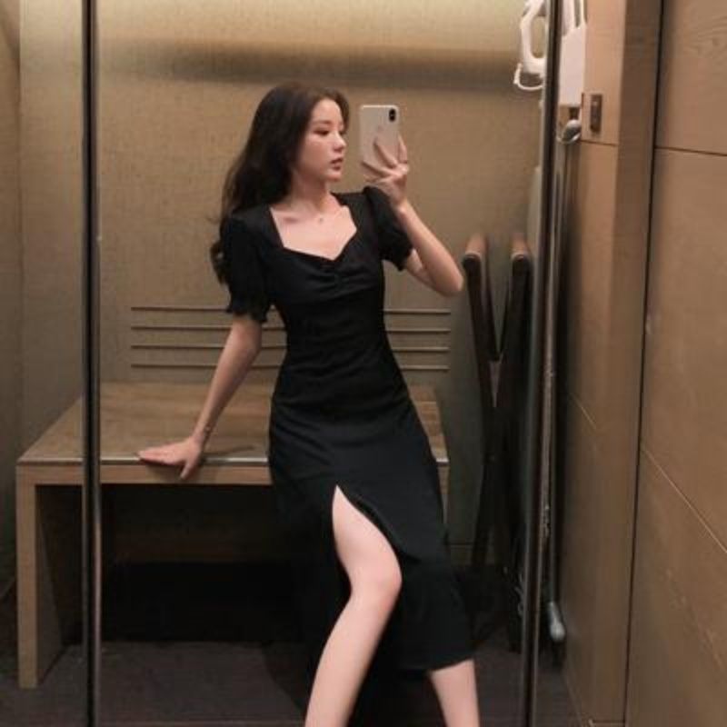 Long skirt Hepburn style scheming little black dress black slit square collar dress 2020 new light luxury women's clothing