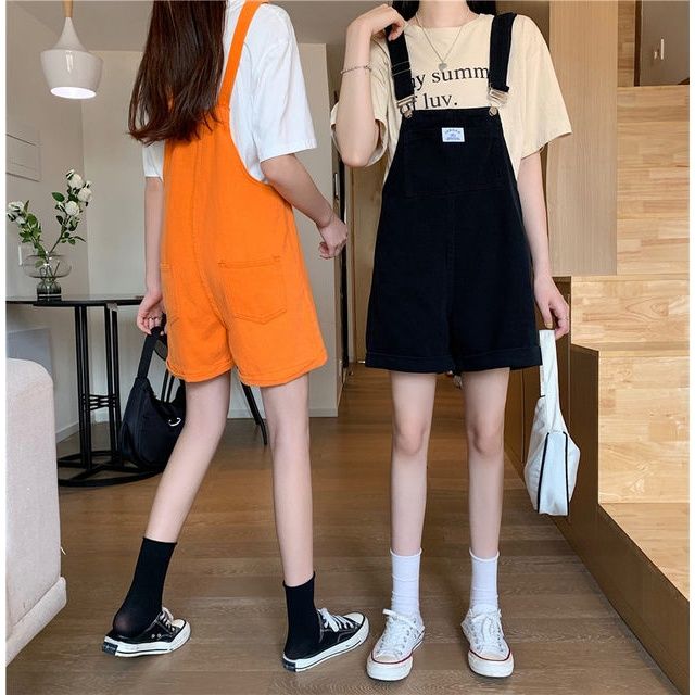 Summer 2022 new Korean version small loose reduced age student one-piece shorts high waist five point cowboy strap