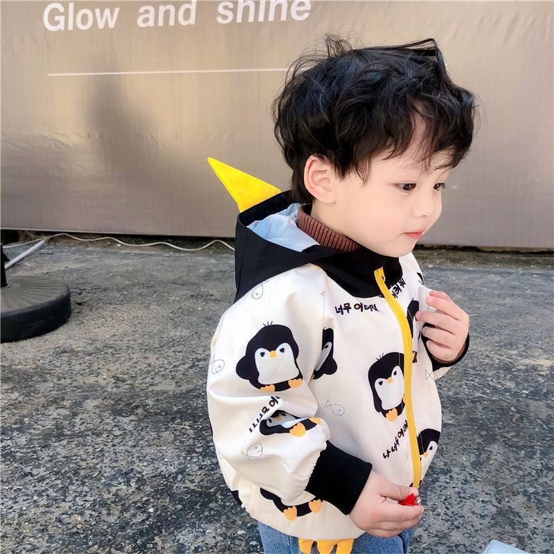 Boys Hooded Jacket Spring Penguin Girls Autumn Tops Western Style Baby Children Autumn Clothes Children's Spring and Autumn Coats