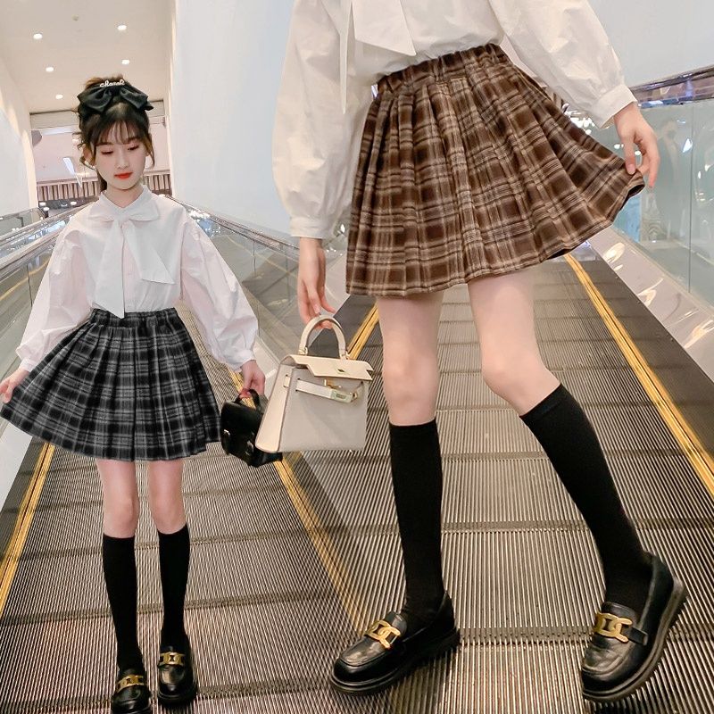 女童半身裙新款春裝新款女大童洋氣格子裙百褶短裙春秋季兒童裙套