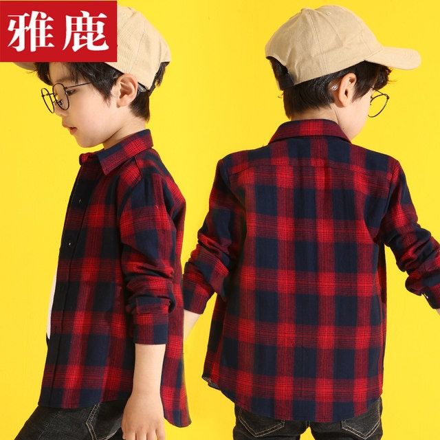 雅鹿童裝男童襯衫兒童秋款中大童洋氣帥氣上衣小孩純棉格子襯衣