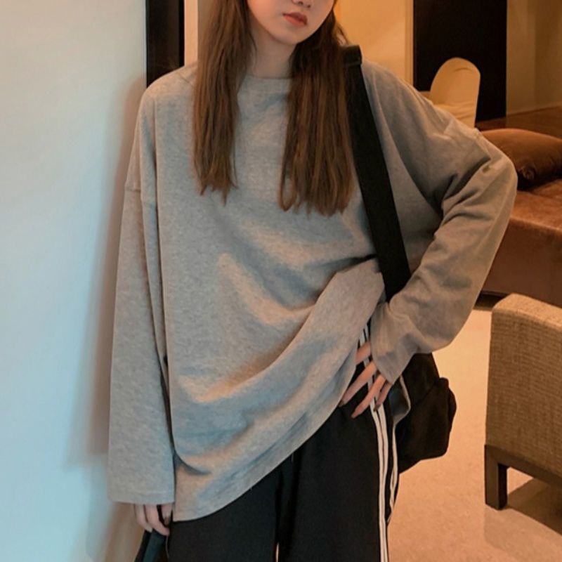 54308-棉2021春秋季新款打底衫内百搭长袖开叉t恤女宽松上衣女前短后长-详情图