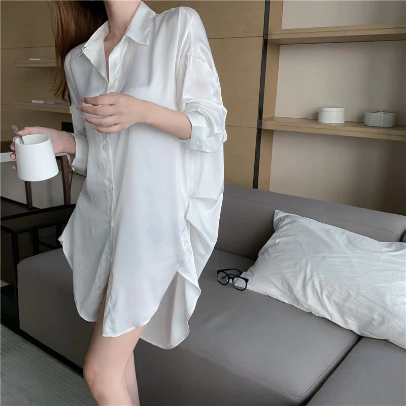 Nightdress women spring and autumn long-sleeved sexy boyfriend style white shirt large size nightgown long silk shirt pajamas summer