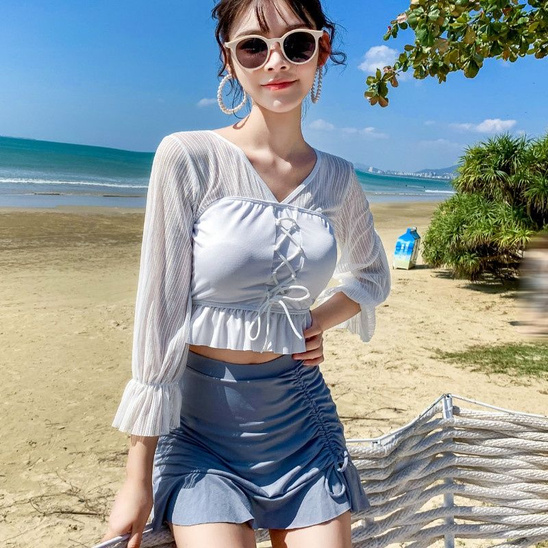 2023 new fairy fan Korean ins cover belly thin sexy split two-piece long-sleeved skirt style learning 8246