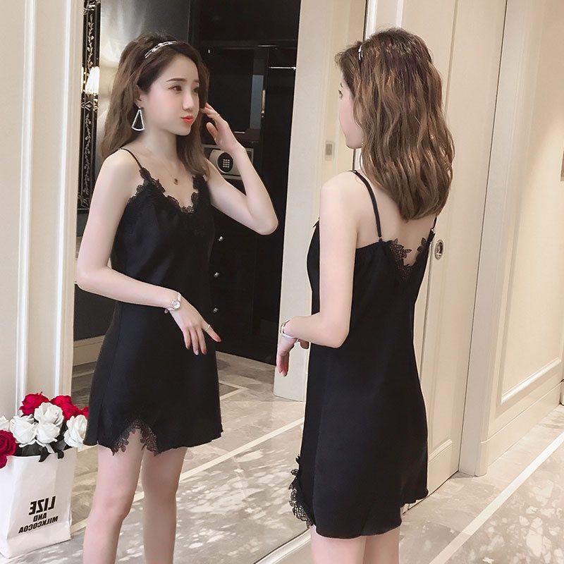 Thin lace ice silk nightdress suspenders sexy pajamas female summer simulation silk hot home skirt small man