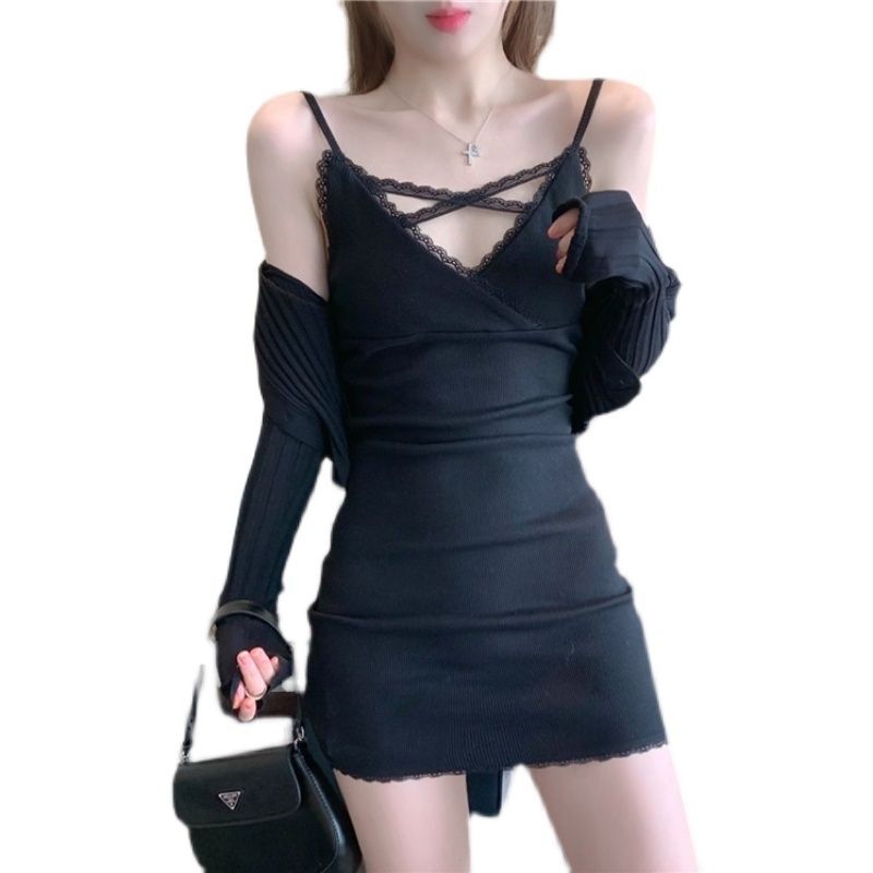 Pure desire wind lace edge suspender dress sexy self-cultivation thin vest skirt with bottoming bag hip skirt female