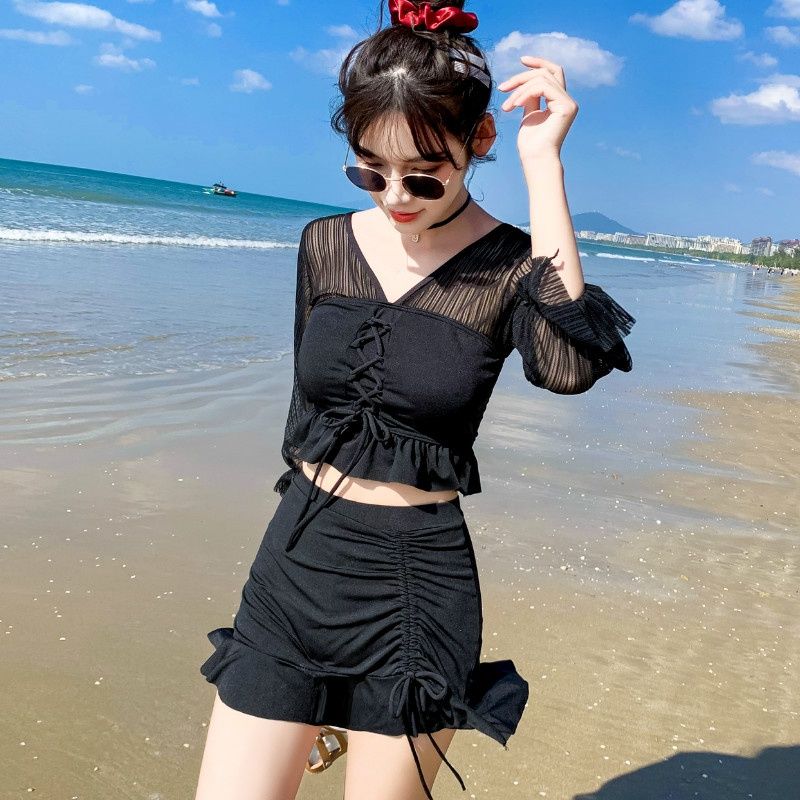  new fairy fan Korean ins cover belly thin sexy split two-piece long-sleeved skirt style learning 8246