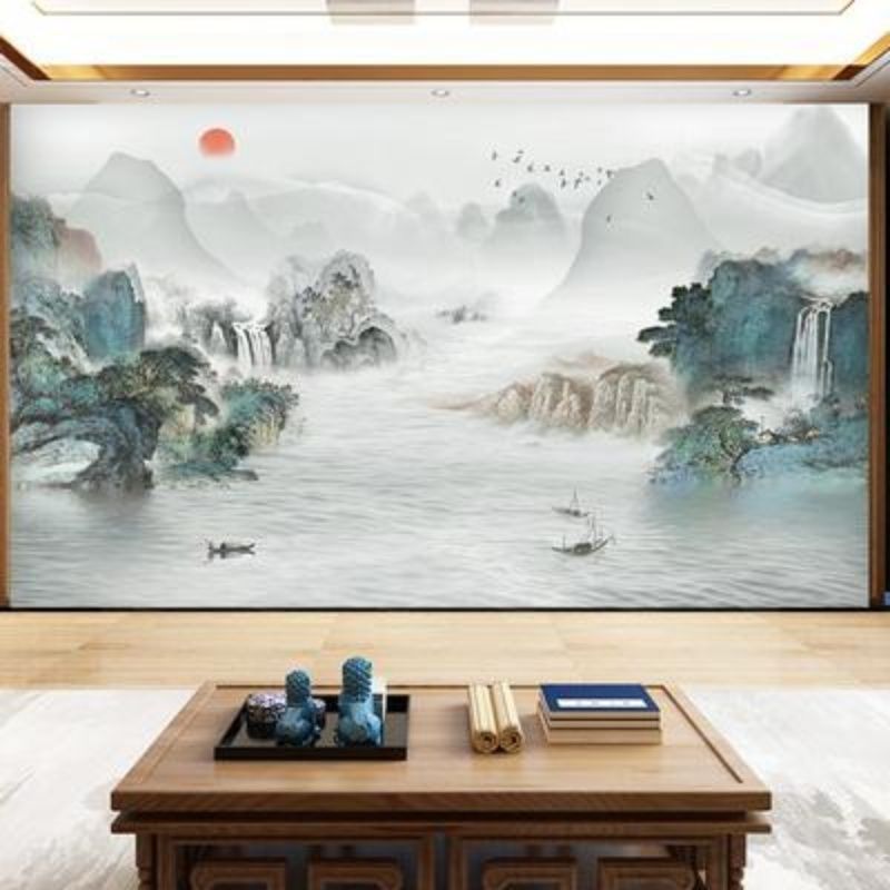 水墨画电视沙发背景墙纸富春山居图壁画8d流水生财山水情自粘壁