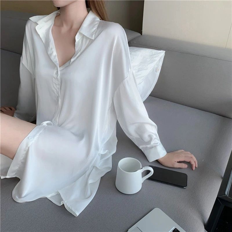 Nightdress women spring and autumn long-sleeved sexy boyfriend style white shirt large size nightgown long silk shirt pajamas summer