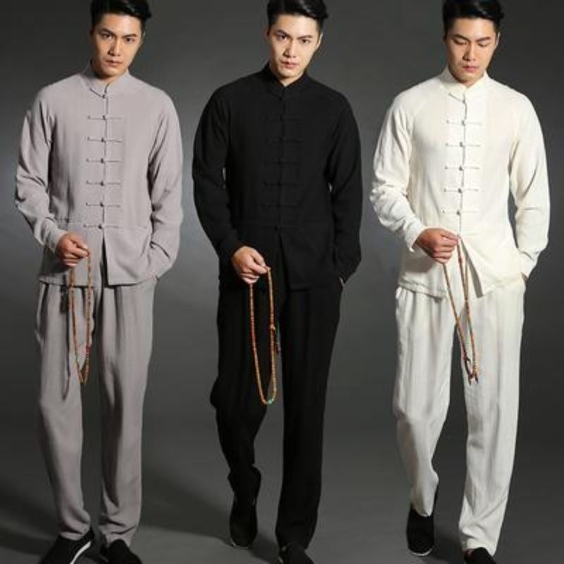 中国风唐装男套装汉服夏季长袖中式复古连肩亚麻禅服居士服男茶服