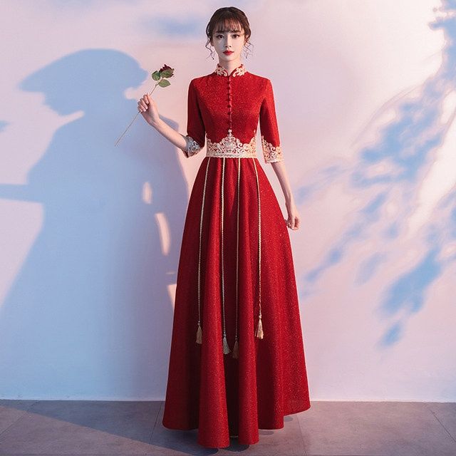 中式新娘旗袍敬酒服女2021新款秋冬酒红色订婚礼服结婚衣服平时