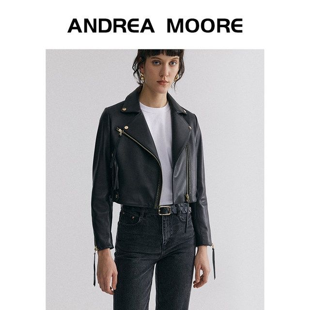 andrea moore2021春新款短款机车真皮皮衣女装修