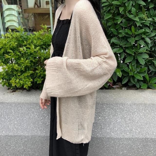 Knitted cardigan sunscreen women's mid-length loose lazy style spring new air-conditioned thin shawl jacket