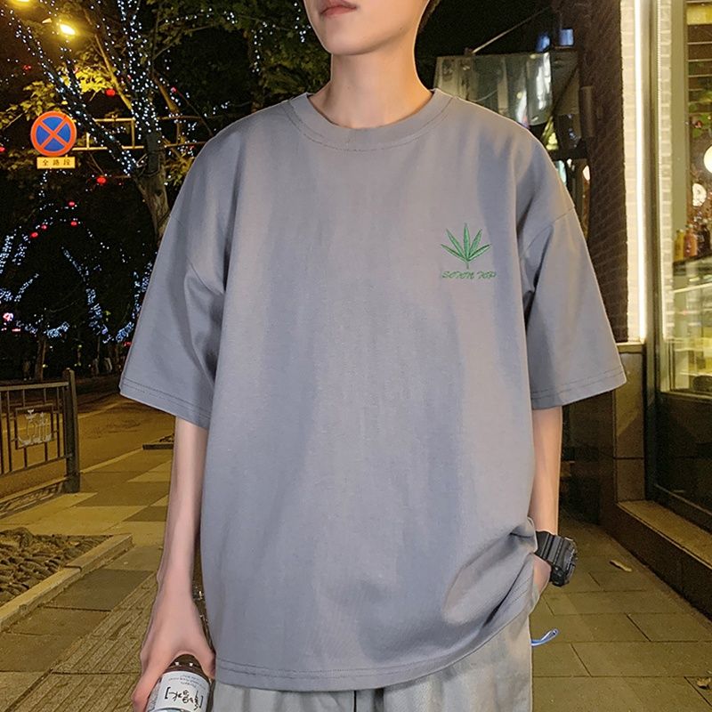 88838-原宿风短袖T恤男ins港风痞帅风宽松抖音潮牌网红潮男简约情侣枫叶-详情图