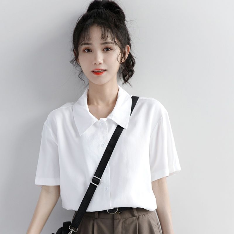 格瑞吉奧新款白色短袖襯衫女夏復古港風學生白襯衣BF休閒學生上衣