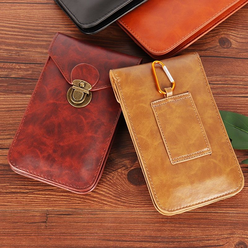 New double-layer pu leather mobile phone bag for men, outdoor leisure work, water-repellent wear belt, thin multi-function waist bag