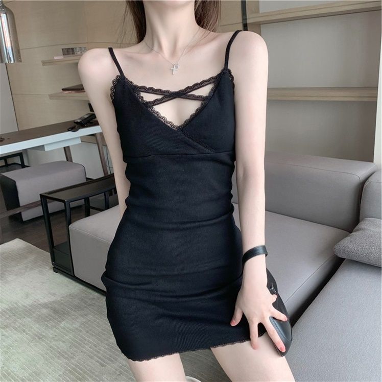 Pure desire wind lace edge suspender dress sexy self-cultivation thin vest skirt with bottoming bag hip skirt female