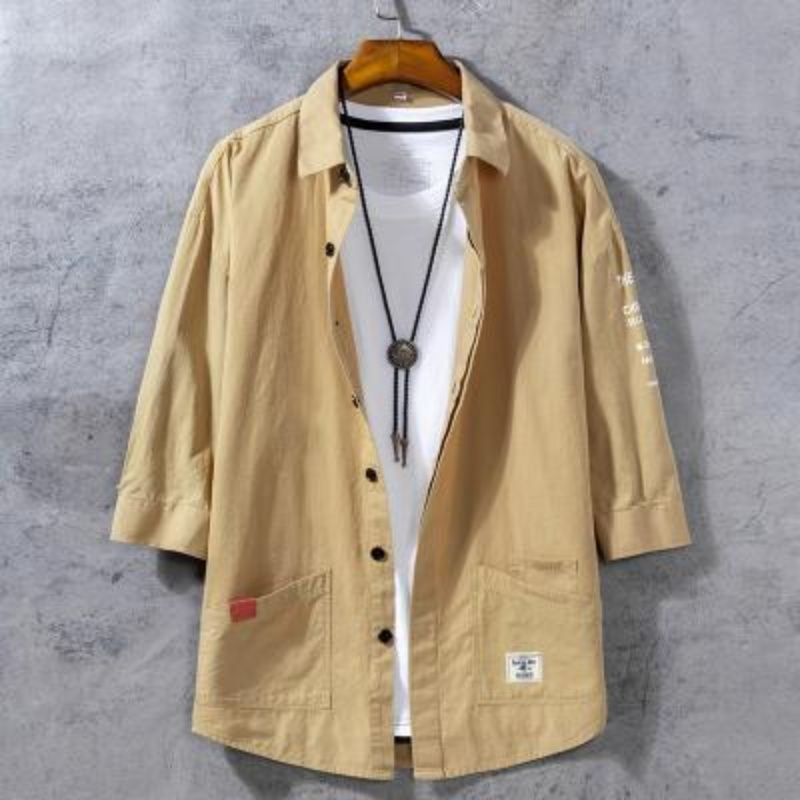 Three-quarter sleeve shirt mid-sleeve shirt men's cotton shirt Korean style trendy casual loose inch shirt all-match coat