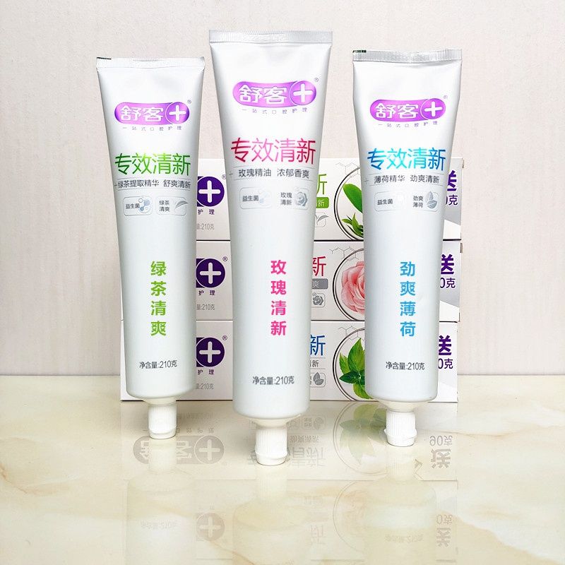 舒客益生菌玫瑰清新牙膏210克舒克拍2送1大管家庭装水晶膏柠