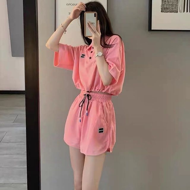 粉色系少女潮牌两件套polo领抽绳收腰上衣短裤休闲运动套装女