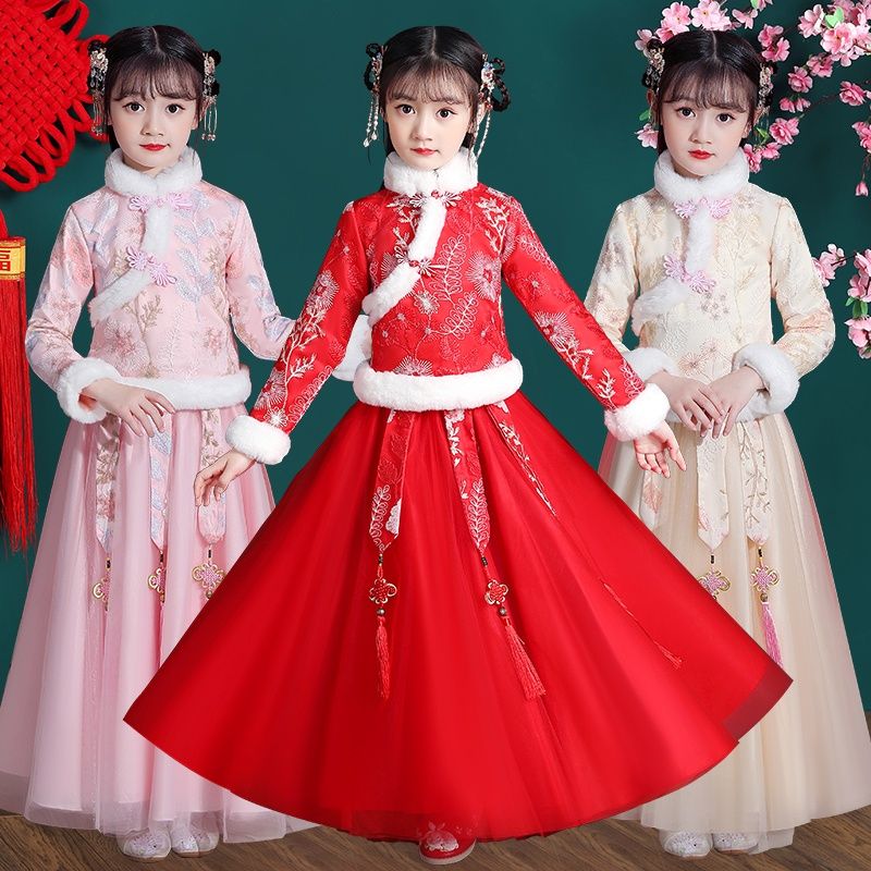 漢服女童秋冬古裝中國風兒童唐裝過年旗袍拜年服新年裝冬裝加厚冬