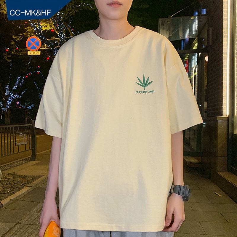 88838-原宿风短袖T恤男ins港风痞帅风宽松抖音潮牌网红潮男简约情侣枫叶-详情图