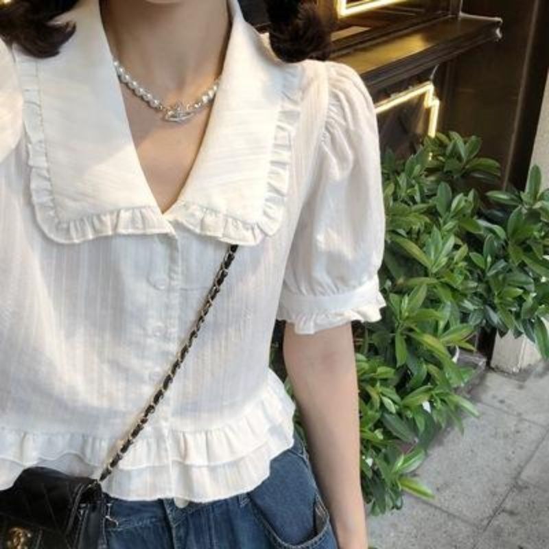 ourbase甜酷女孩白色法式娃娃領襯衫木耳邊減齡顯瘦短
