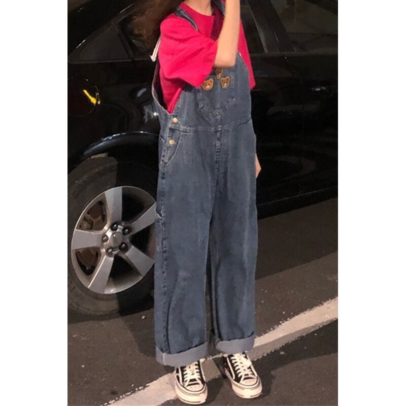 Bib pants women's Korean version loose summer large size fat mm students age reduction retro all-match straight wide-leg jeans tide