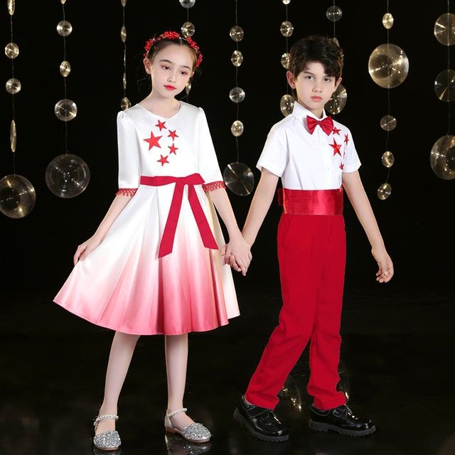 紅星閃閃唱紅歌比賽兒童合唱演出服裝紅軍兒童女禮服舞蹈服開場舞
