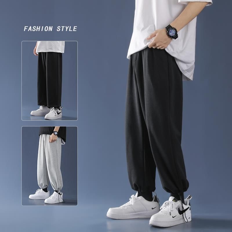 Pants Men's Gray Straight Casual Pants Trendy Hong Kong Style All-match Sweatpants Large Size Drawstring Foot Boys Sports Trousers