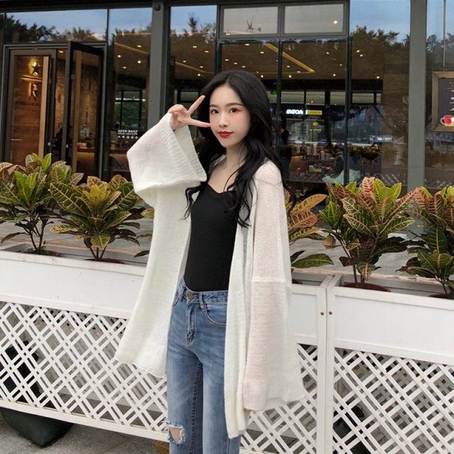 Knitted cardigan sunscreen women's mid-length loose lazy style spring new air-conditioned thin shawl jacket