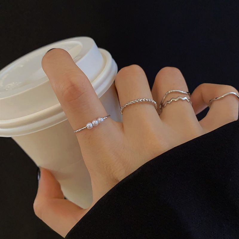 五件套~日式轻奢珍珠戒指女小众设计简约ins潮网红素圈食指尾戒