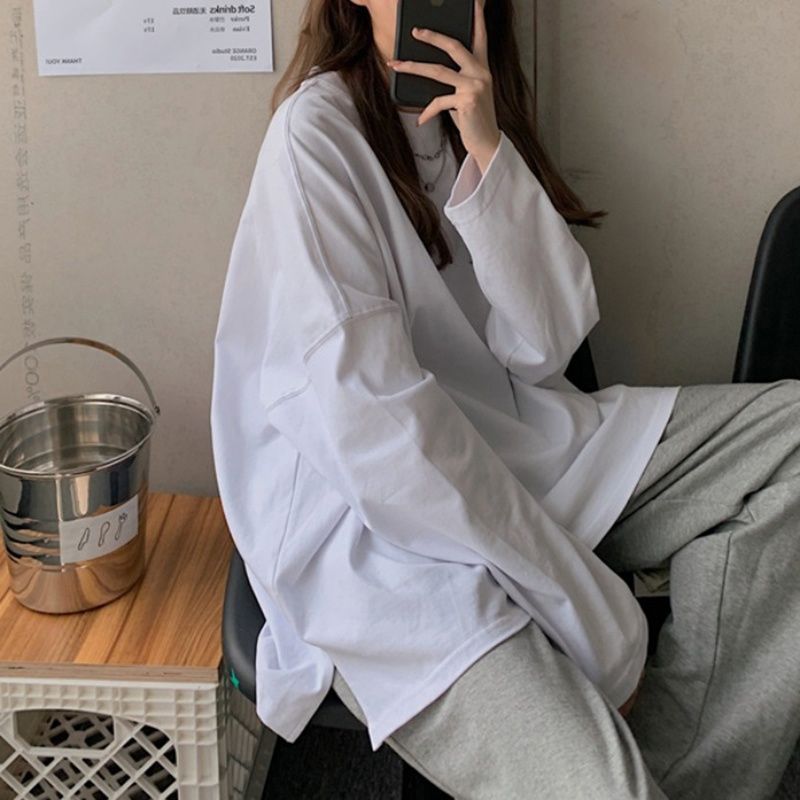 54308-棉2021春秋季新款打底衫内百搭长袖开叉t恤女宽松上衣女前短后长-详情图