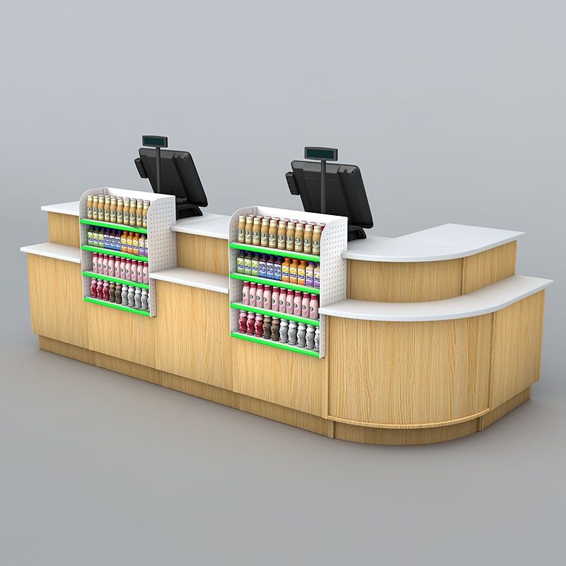 超市收银台便利店药店母婴店木质展示柜台简约现代圆弧转角柜货架