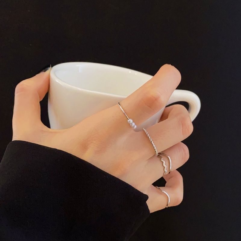 Five-piece set ~ Japanese style light luxury pearl ring for women niche design simple ins trend internet celebrity vegetarian ring index finger tail ring