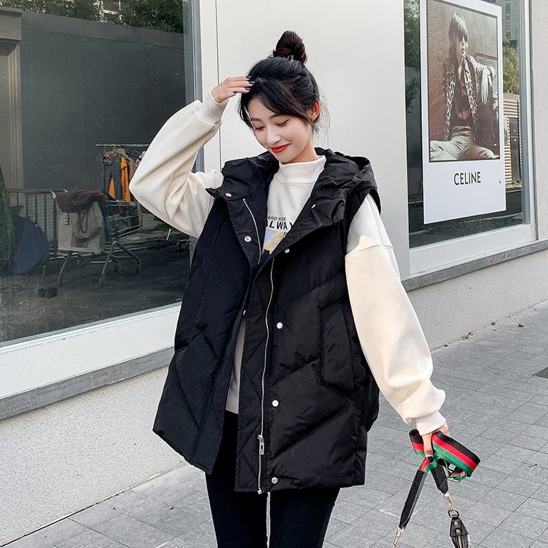 Down cotton vest women's 2021 autumn and winter new Korean version of the vest worn outside the vest mid-length loose waistcoat