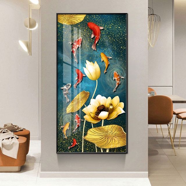 九鱼图玄关装饰画入户走廊过道壁画晶瓷轻奢现代简约竖版挂画招财