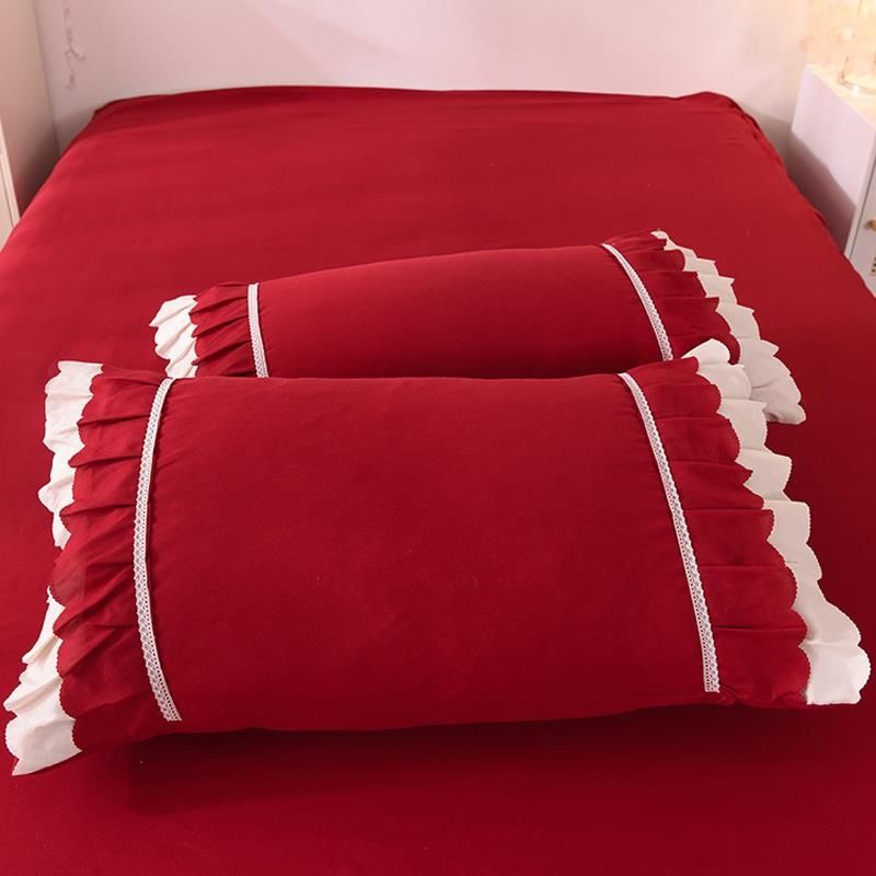 Korean style princess style bed skirt four-piece set washed cotton red wedding quilt cover bed sheet quilt pillowcase three-piece set cute