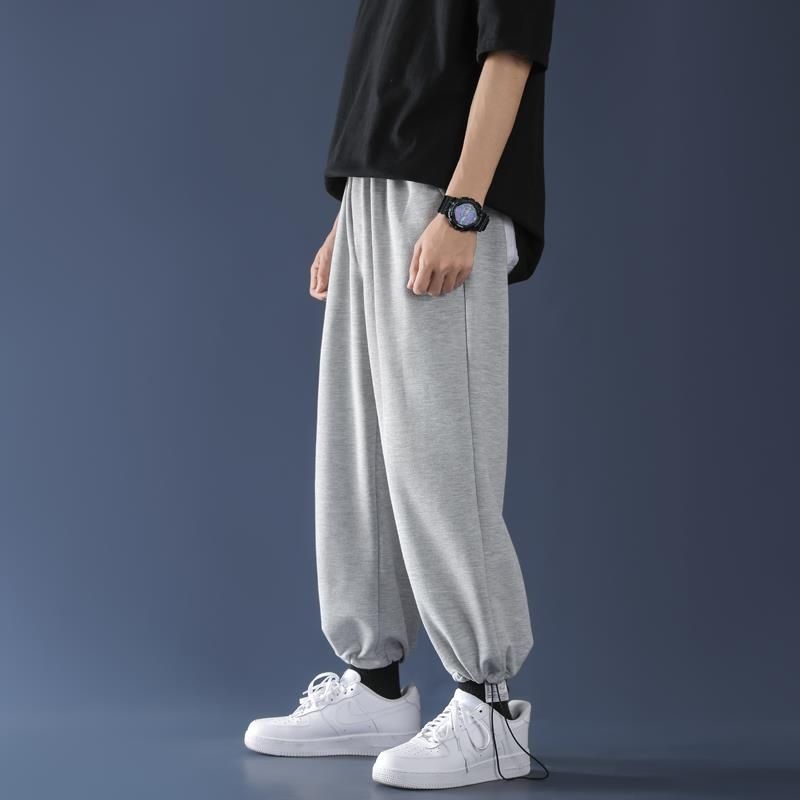 Pants Men's Gray Straight Casual Pants Trendy Hong Kong Style All-match Sweatpants Large Size Drawstring Foot Boys Sports Trousers