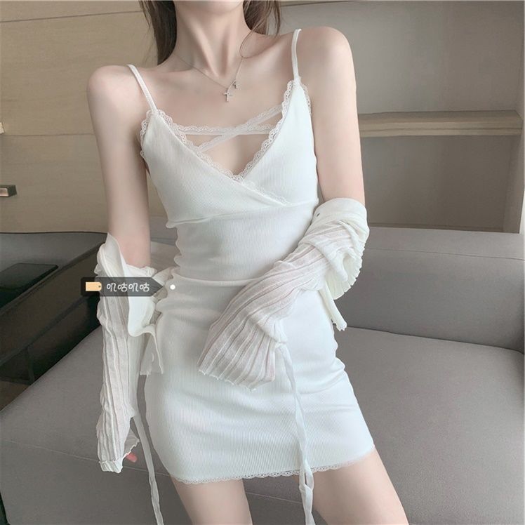 Pure desire wind lace edge suspender dress sexy self-cultivation thin vest skirt with bottoming bag hip skirt female