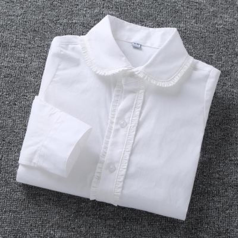 Girls' white shirt pure cotton spring and autumn primary school long sleeve foreign style top middle and big children's lace doll collar school uniform shirt