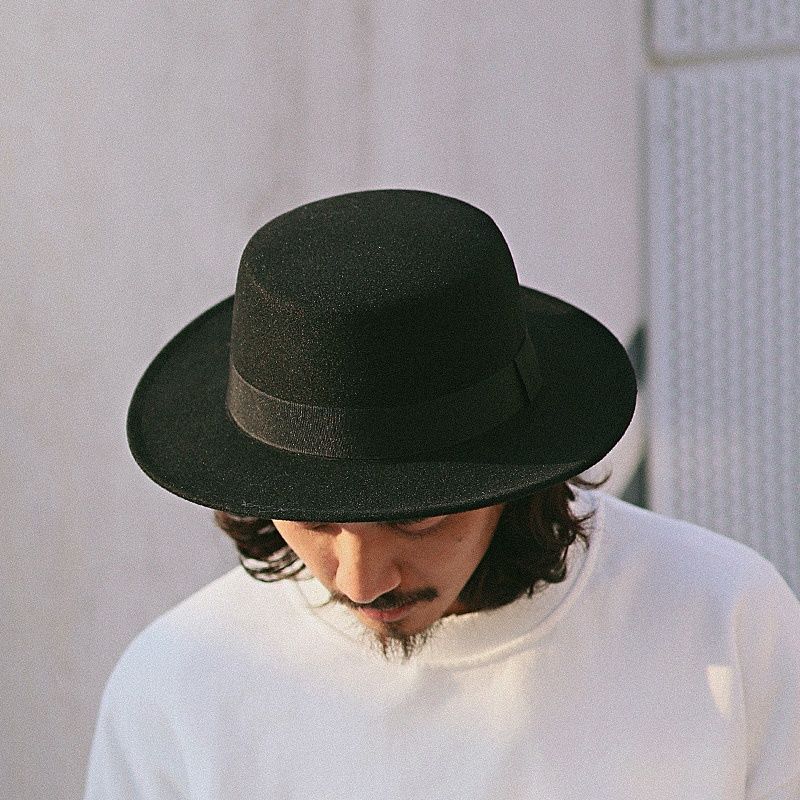 Japanese black wool hat adjustable dark rock jazz hat British flat top gentleman hat