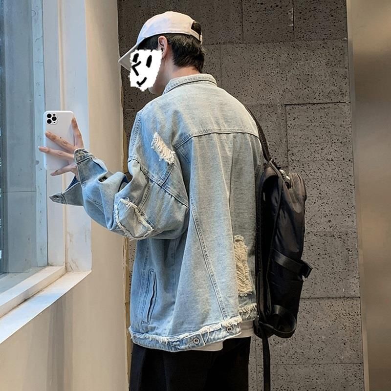 Summer ripped street jacket senior model male spring and autumn ruffian handsome trend Hong Kong style European and American tops tooling denim jacket